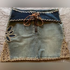 bebe denim & crochet skirt